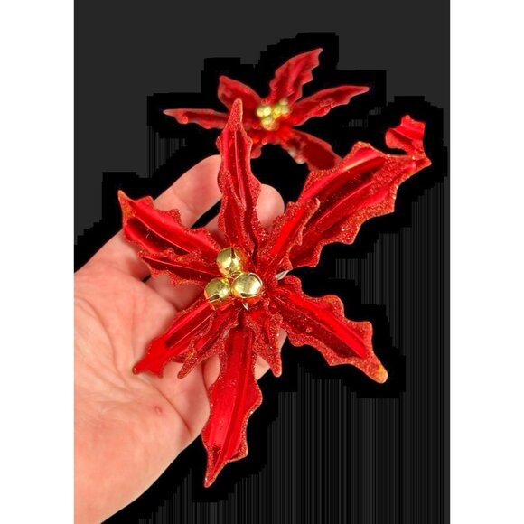 Vintage Poinsettia ClipOn Christmas Ornament Metallic Glitter w/ Jingle Bells 5” - Picture 2 of 7